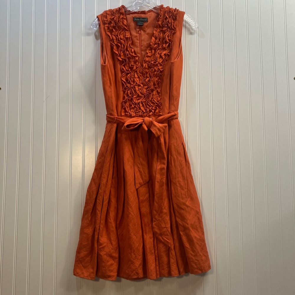 Jessica Howard Burnt Orange Linen Blend Ruffle V-Neck Fit & Flare Midi Dress 12‎